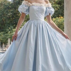Elegant Light Blue Midi puff sleeve tea party Dress with White Lace